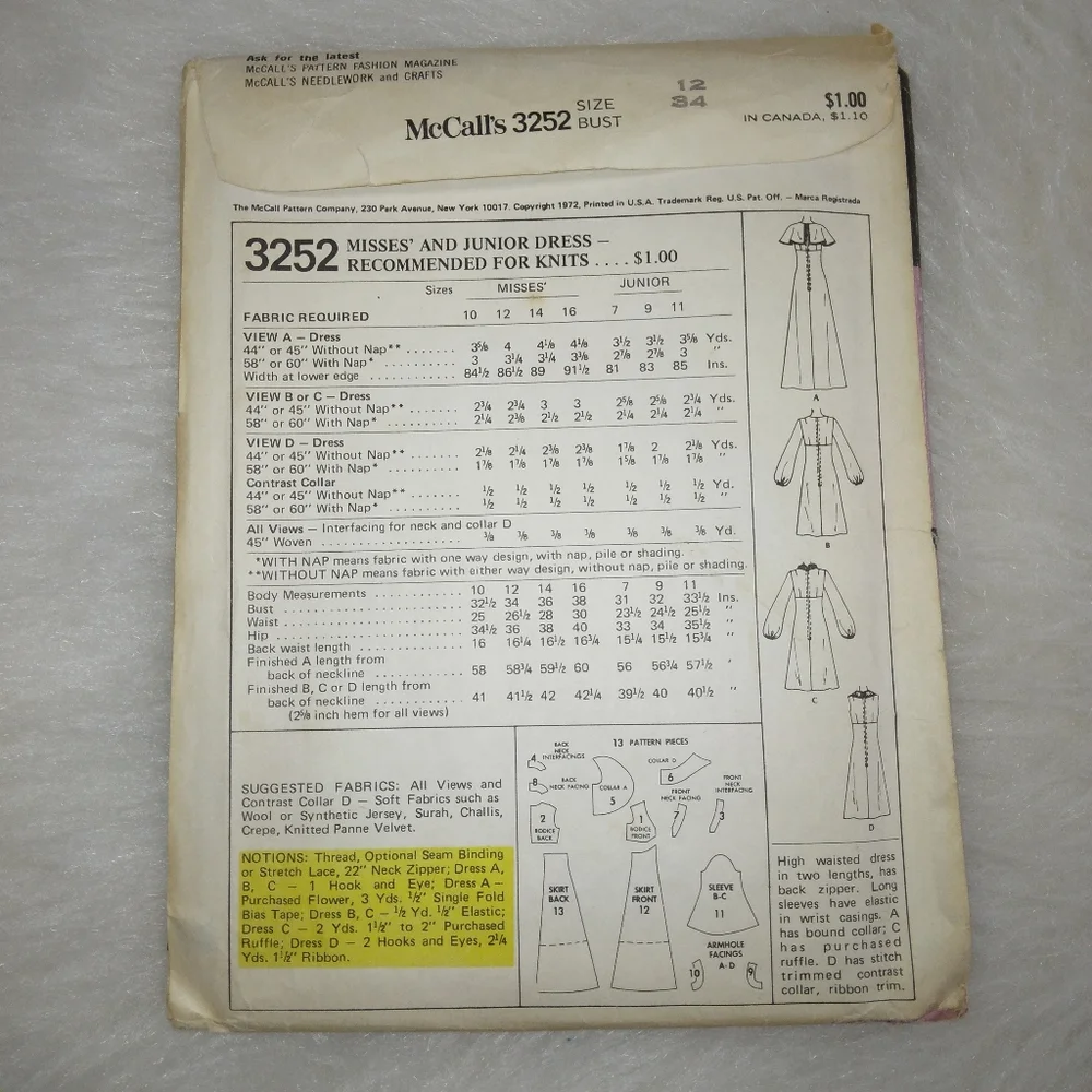 MCCALL'S 3252 Misses' & Junior Dress w/neckline sleeve length variations…
